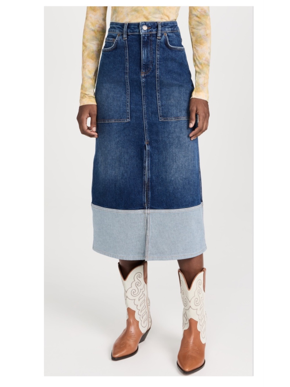Ba&Sh Womens Vicky Midi Skirt Two Toned Denim Skirt Size 36 Us 2 NWT